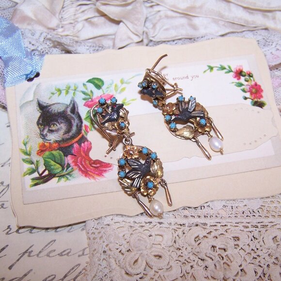 Victorian Revival Mexican 10K Gold Fine Silver Turquoise Dangle Earrings - Picture 3 of 8